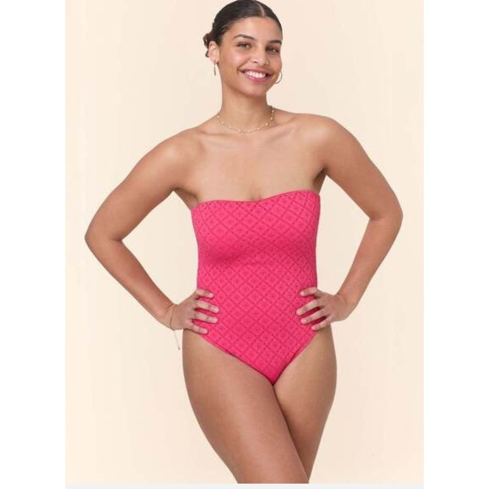 Andie Swim Kauai Fuchsia Pink Eyelet Strapless One Piece Swimsuit High Cut Est S